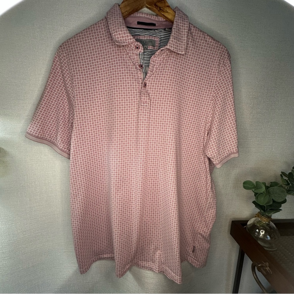 Ted Baker London Men’s Pink & White Geometric Print Short Sleeve Polo Shirt 6